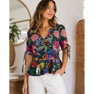 America & Beyond Elephant Print Button Front Peplum Blouse | Size Medium